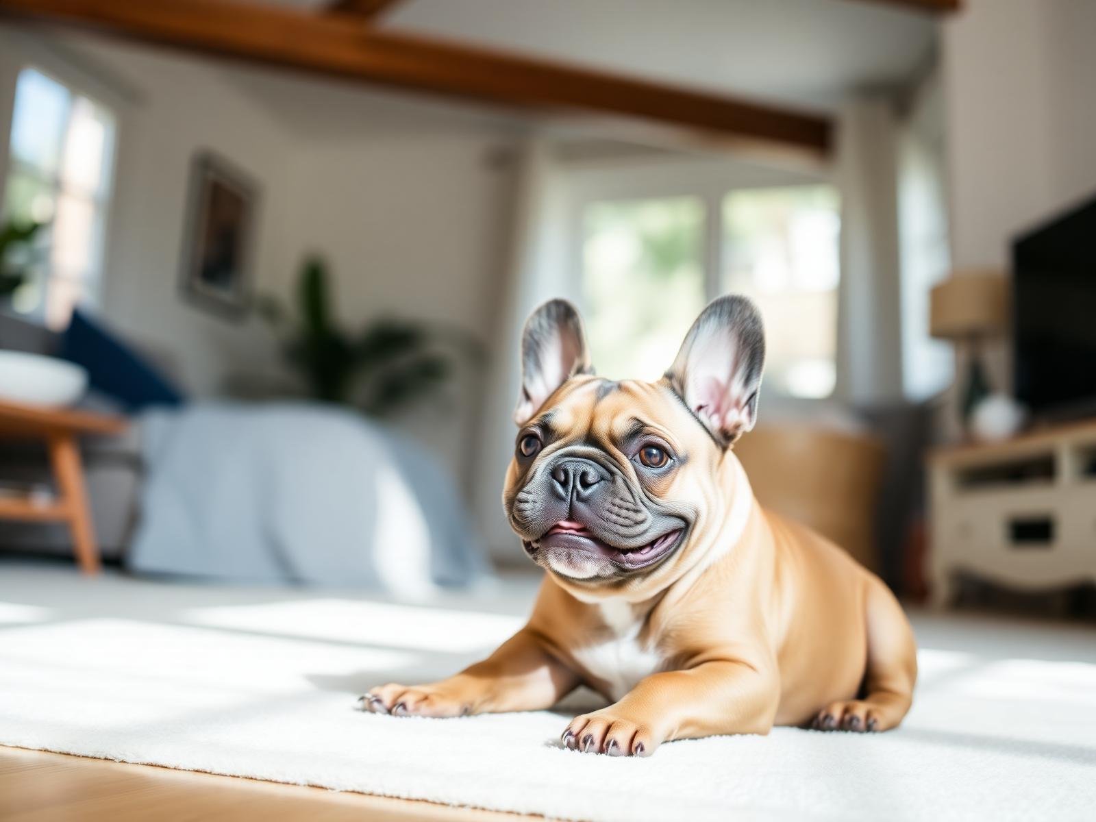 Calm happy French Bulldog puppy sitting at home
