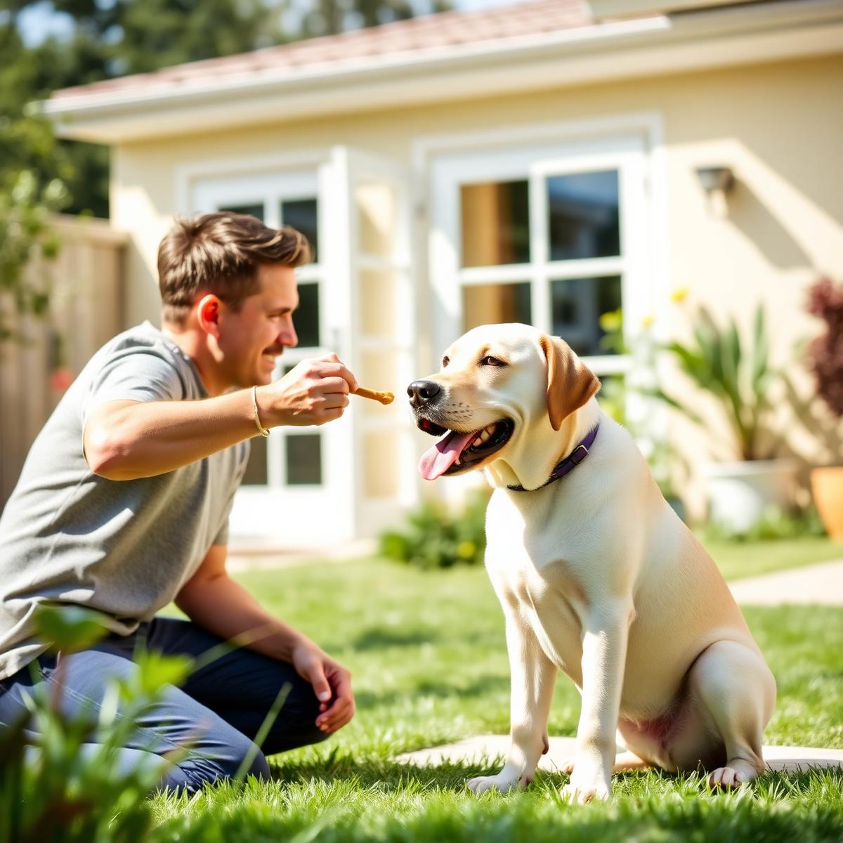 Trainer giving a treat to a happy labrador in a sunny garden